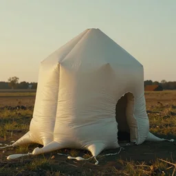 a melted, flowing, limp, inflated ukrainian hut in a rural landscape in style by anish kapoor, in the parts by shih chieh huang, golden hour, film still from the movie directed by denis villeneuve with art direction by zdzisław beksinski, close up, telephoto lens