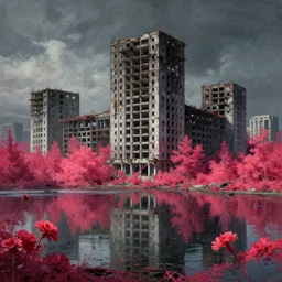 a beautiful detailed painting of military building city urbex abandoned unfinished building by jean - baptiste - camille corot, liberty city myst thermal vision landscape magic realism darkacademia lake water infrared biopunk evil flowers sea cyberpunk, archdaily, wallpaper, highly detailed, trending on artstation.