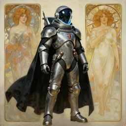 knights templar in a space suit with black cape, futurism, glowing inside helmet, character design, painting by gaston bussiere, greg rutkowski, artgerm, alphonse mucha, trending on artstation
