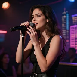 beautiful android woman singing on stage in dimly lit nightclub, twilight zone, blade runner, dark city, sim city