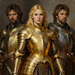 beautiful female warrior, half body portrait, blond hair, heavy gold armour, realistic oil painting by Thomas Cole and Wayne Barlowe and Boris Valejo