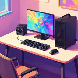 a modern desk with gaming pc and gaming mouse and gaming keyboard, hyper realistic concept art, colorful, retro style, illustration