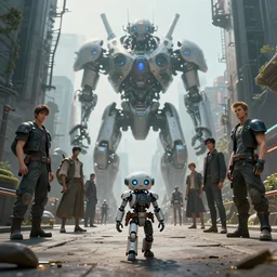 a portrait of a small cyborg standing in the middle foreground walking in the street of a great mechanical city by Greg Rutkowski, Sung Choi, Mitchell Mohrhauser, Maciej Kuciara, Johnson Ting, Maxim Verehin, Peter Konig, final fantasy , mythical, 8k photorealistic, cinematic lighting, HD, high details, atmospheric,