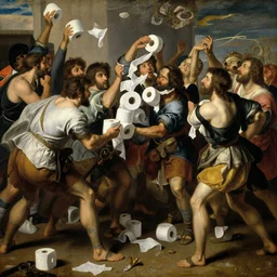 an renaissance oil painting depicting customers fighting over toiletpaper, masterpiece, detailed oil painting, historical, battle
