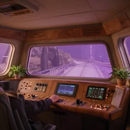 Film still of the bridge of a space ship, someone is using a control panel, huge viewscreen at front, control panels, wood effect, wood panels, pot plants, organic, high end interior, soft warm light, purple highlights, windows to outside, simple ceiling, soft edges, calm feeling, Cinestill colour cinematography, anamorphic, detailed, 4k, 8k, intricate, digital art, matte painting