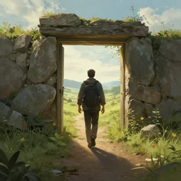 a man walking into the portal, concept art, illustration, highly detailed, artwork, cinematic, hyper realistic, art station, landscape