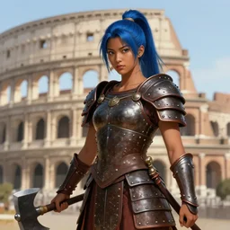 portrait of gladiator warrior lady, young, japanese features, dark skin, blue hair, ponytail, brown heavy armor, axe, posing, coliseum background, highly detailed, smooth, sharp focus, digital painting, artgerm and greg rutkowski and alphonse mucha