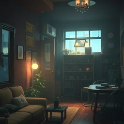 a wholesome animation key shot of cyberpunk apartment by studio ghibli, animation, sharp, rendered in unreal engine 5, focused, anime key art by greg rutkowski, bloom, dramatic lighting
