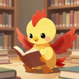 a cute adorable phoenix fledgling learning to read in a library +anime