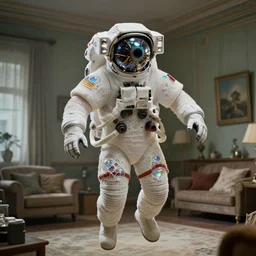 a cybernetic symbiosis of a single astronaut eva suit made of wearing knitted yarn thread infected with diamond 3d fractal lace iridescent bubble 3d skin  covered with insectoid compound eye camera lenses floats through the living room, film still from the movie directed by Denis Villeneuve with art direction by Salvador Dalí, wide lens,