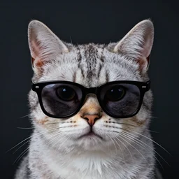 a portrait of a cool cat with black glases with dark backgroung vapourwave