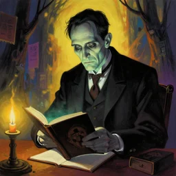 cultist of innokentiy at 3 a. m. learning in lovecraft style, colorful, epic