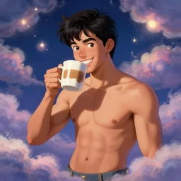 portrait of a ( ( ( una taza de cafe grande y red ) ) ), ( ( futuro hermoso joven caliente latino macho alegre sin camisa ) ), lleno de nubes y magia, concept character, by greg rutowski and tezuka and oi and mucha and bierstadt and remington, trending on artstation