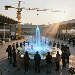 crane shot of large group people in open warehouse, looking at hologram of futuristic city on a table, cinematic still, godrays, golden hour, natural sunlight, 4 k, clear details, tabletop model buildings, tabletop model, ethereal hologram center, crane shot, crane shot, rule of thirds, people, people