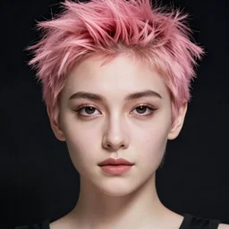 portrait of a young woman with a heart - shaped face and dark eyes and short pink spiky hair