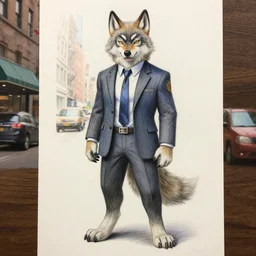 master furry artist colored pencil drawing full body portrait character study of the anthro male anthropomorphic wolf fursona animal person detective wearing suit and tie new york city street