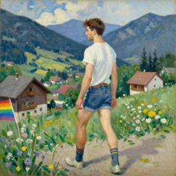 vintage beautiful painting of a gay man going to a pride parade in a small mountain village in Mary Cassatt style