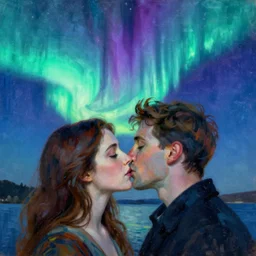 close portrait of woman and man kissing. aurora borealis. iridescent, psychedelic lapis - lazuli, turquoise colors. painting by jan van eyck, agnes pelton, utamaro, monet