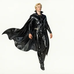 a pale white man in a black latex acronym cape, floating in space, in the style of john harris and ashley wood, watercolor