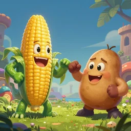 corn-monster vs potatoe-monster fight, epic digital art illustration, wide angle, masterpiece, outstanding detail, illustration, colorgrading, LUTs, great composition