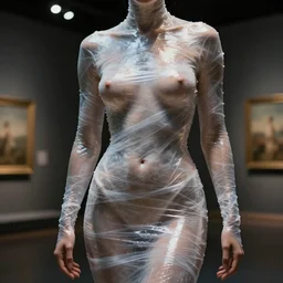 female torso wrapped in cellophane, slimy and transparent, asexual, beautiful art photograph, museum worthy, prize winner, very realistic, high definition