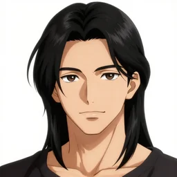 A man with tan skin, brown eyes, and hip-length, shiny, black hair, anime, manga