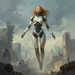 detailed, sharp, concept art of a dreaming humanoid female automata floating above a dystopia by James Gurney, by Simon Stalenhag, by Greg Rutkowski, digital art, surreal, trending on artstation, HD, 8K, highly detailed, good lighting. beautiful. epic.