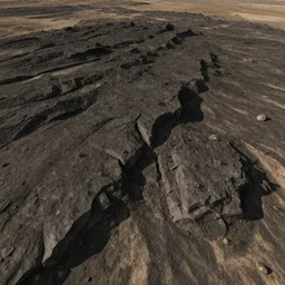 photo of dark rocky terrain above high desert, broken rocky outcroppings, in the style of quixel megascans