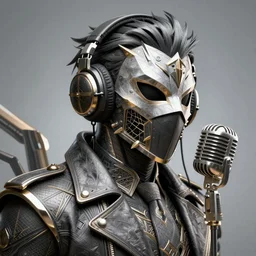 character portrait concept design guy denning, tim doyle masked anarchy figure headphones antique microphone broadcast radio face mask heroic!! sharp edges. elegant, dynamic angle, intricate highly detailed complexity, epic composition, symmetry