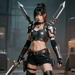photo of a female atompunk warrior with weapons