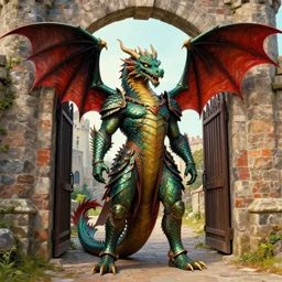a hyperrealism portrait of dragon guarding the gates to a castle, vibrant color scheme, highly detailed, in the style of romanticism, cinematic, artstation, moebius, greg rutkowski
