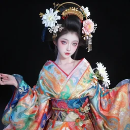wide angle full body portrait shot of a beautiful japanese princess wearing ornaments of flowers, flowing colourful elegant clothes, highly detailed face, detailed iridescent eyes, alphonse white datura, rhads, artstation, fkey, octane render, 1 6 k