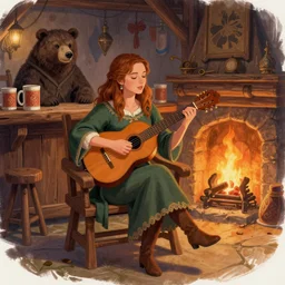 kate beckinsale sing and play on lute, sit in fantasy tavern near fireplace, behind bar deck with bear mugs, medieval dnd, colorfull digital fantasy art, 4k
