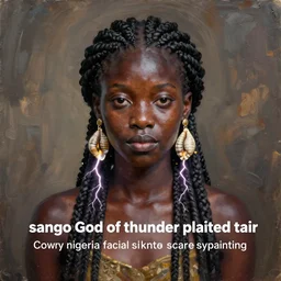 “sango God of thunder plaited hair cowry nigeria lightning facial details proportionate dark skinned symmetrical digital art oil painting”
