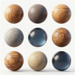 array of orbs rendered in 3 d made of wood, silicone, glass and rock. blender texture pack, textures, cgsociety, artstation, sketchfab