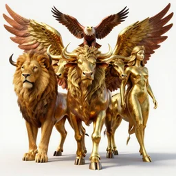 a mythical being with four faces: that of a lion, an ox, an eagle, and a human. They have straight legs, four wings, and bull hooves for feet that gleam like polished brass. One set of wings covers their body, and the other is used for flight, highly detailed, trending on artstation, 4k, vibrant