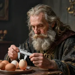 Pensive Wizard examines eggs with calipers, by Hildebrandt