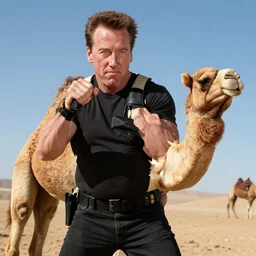 arnold schwarzenegger in commando, punching a camel, looks photorealistic, hyper-detailed portrait