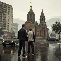 cinematic screenshot gta 5, rain, man in adidas tracksuit, churches, buildings, road, moskvich, rtx reflections, gta vi, moscow, soviet apartment buildings, award winning, artstation, intricate details, realistic, hyperdetailed, 8 k resolution