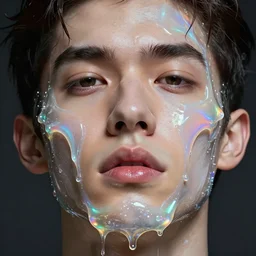 close up of gorgeous hyperrealistic male face melts!! like iridescent ice cream, digital art masterpiece, highly detailed neo pop surrealism, jason limon kay sage hannah yata, dramatic lighting, low angle, uhd 8 k, sharp focus