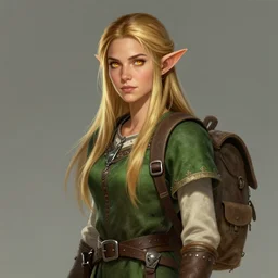 portrait, 30 years old women :: fantasy elf :: amber eyes, long straight darkblond hair :: attractive :: green and brown medieval cloting, natural materials, backpack :: high detail, digital art, RPG, concept art, illustration