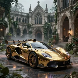 biomechanical shiny steampunk vehicle reminiscent of fast sportscar with robotic parts and (glowing) lights parked in ancient lush palace, gothic and baroque, brutalist architecture, ultradetailed, creepy ambiance, fog, artgerm, giger, Intricate by Ellen Jewett and Josan Gonzalez and Giuseppe Arcimboldo