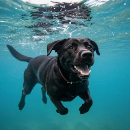 a happy black labrabull dog swimming underwater, 8 k, national geographic style