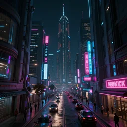 A magnificent dark neon futuristic cyberpunk city bustling street at night made in cinema4d, masterpiece, hyper realistic, extreme details, cinematic