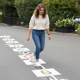 pepper ann pearson playing hopscotch, in the style of lilia alvarado