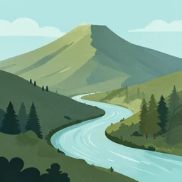 mountaintop river flat illustration by phil hale trending on artstation