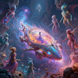 a psychedelic realm at the edge of existence where intensely creative astral beings exist, they are summoning an astral vehicle, in the style of WLOP, illustration, epic, fantasy, hyper detailed, smooth, unreal engine, sharp focus, ray tracing