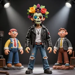 portrait of a zombie punk rock star, leather jacket, ripped jeans, head made of fruit gems and flowers in the style of arcimboldo, basil wolverton, kenny scharf, action figure, clay sculpture, claymation, dramatic stage spotlight lighting