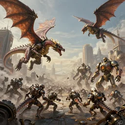 An army of dragons fighting against robotic steampunk angels, on the skyes of a steampunk city, epic,  matte painting, steampunk fantasy, artstation