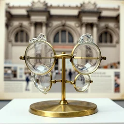 realistic photo of a scientific model of an ugly rough complex glasses made of brass front view 1 9 9 0, life magazine reportage photo, metropolitan museum photo